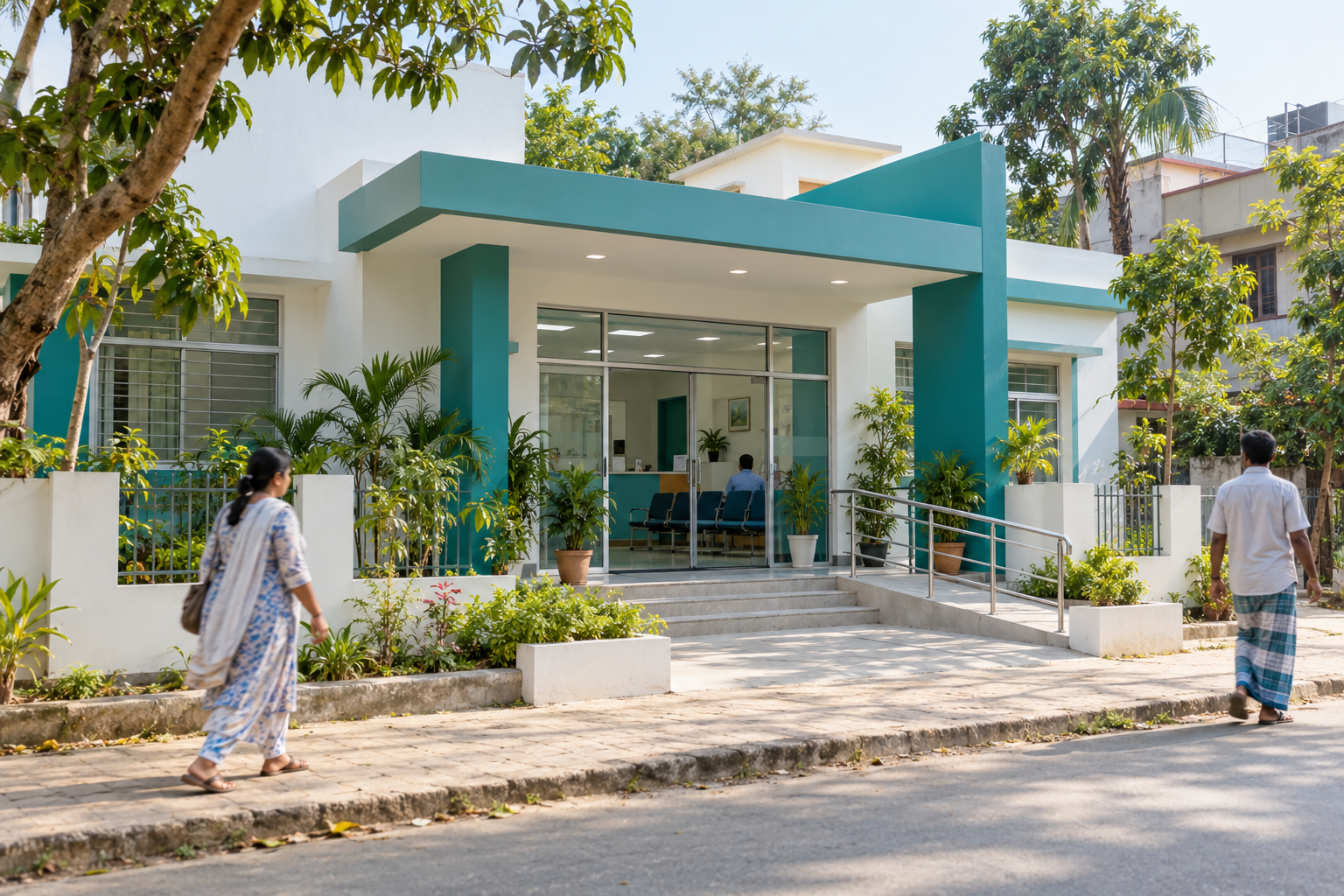 Illustration of a welcoming community healthcare building with greenery around its entrance