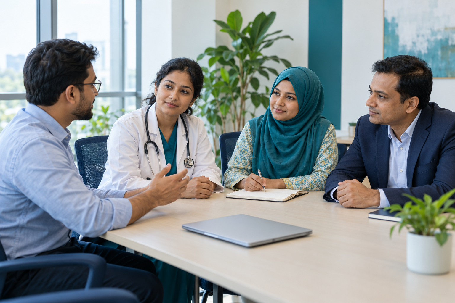 Illustration of a Bangladeshi healthcare team discussing a shared plan