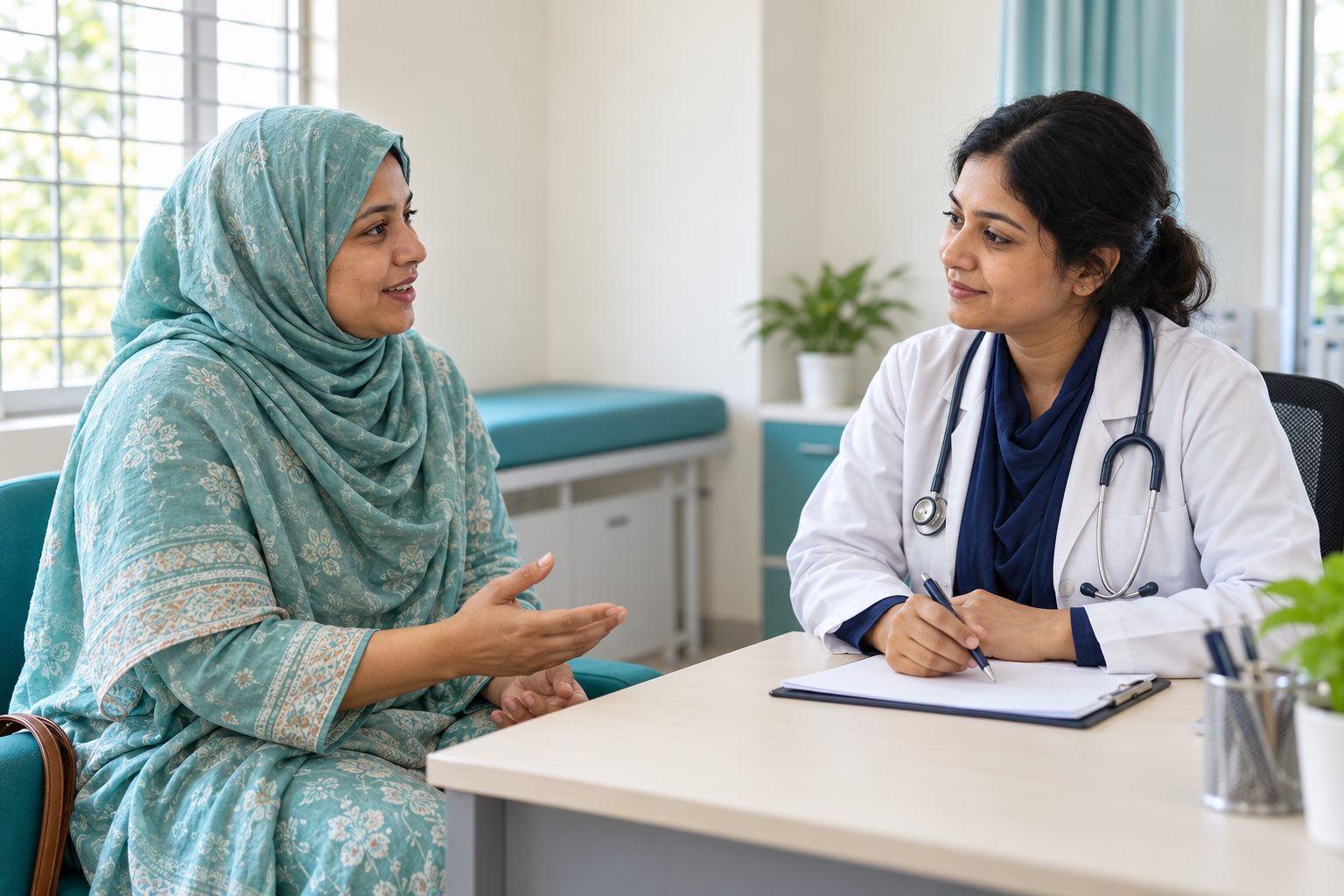 Illustration of a visitor speaking with a healthcare professional
