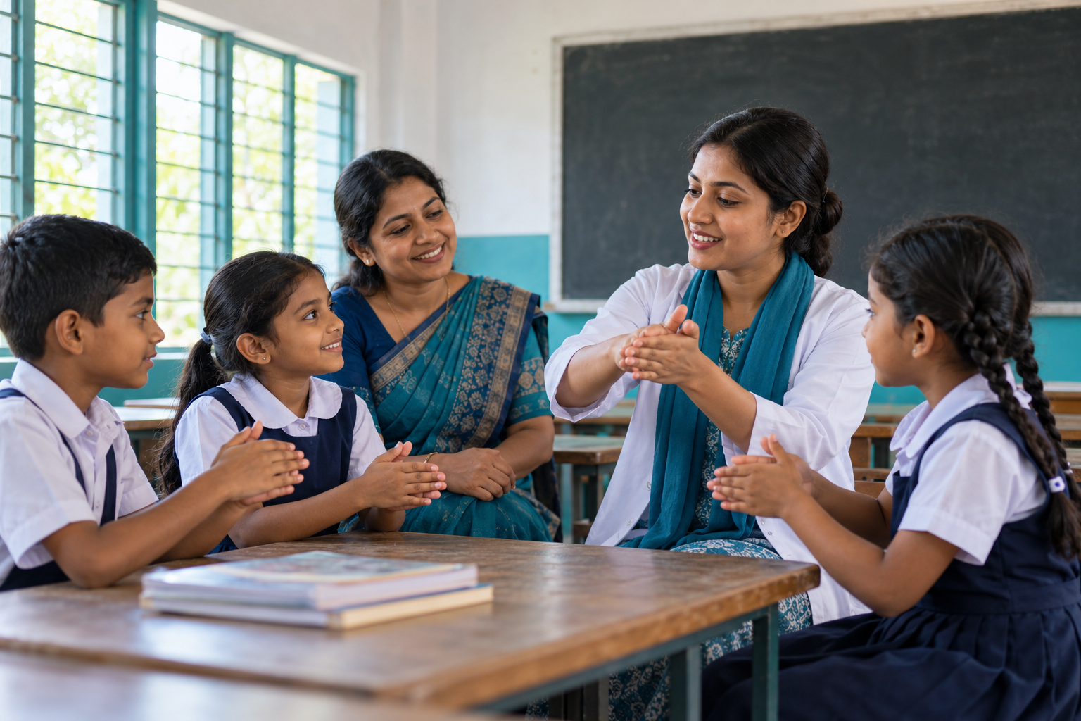 Illustration of a health awareness activity bringing schoolchildren and healthcare professionals together