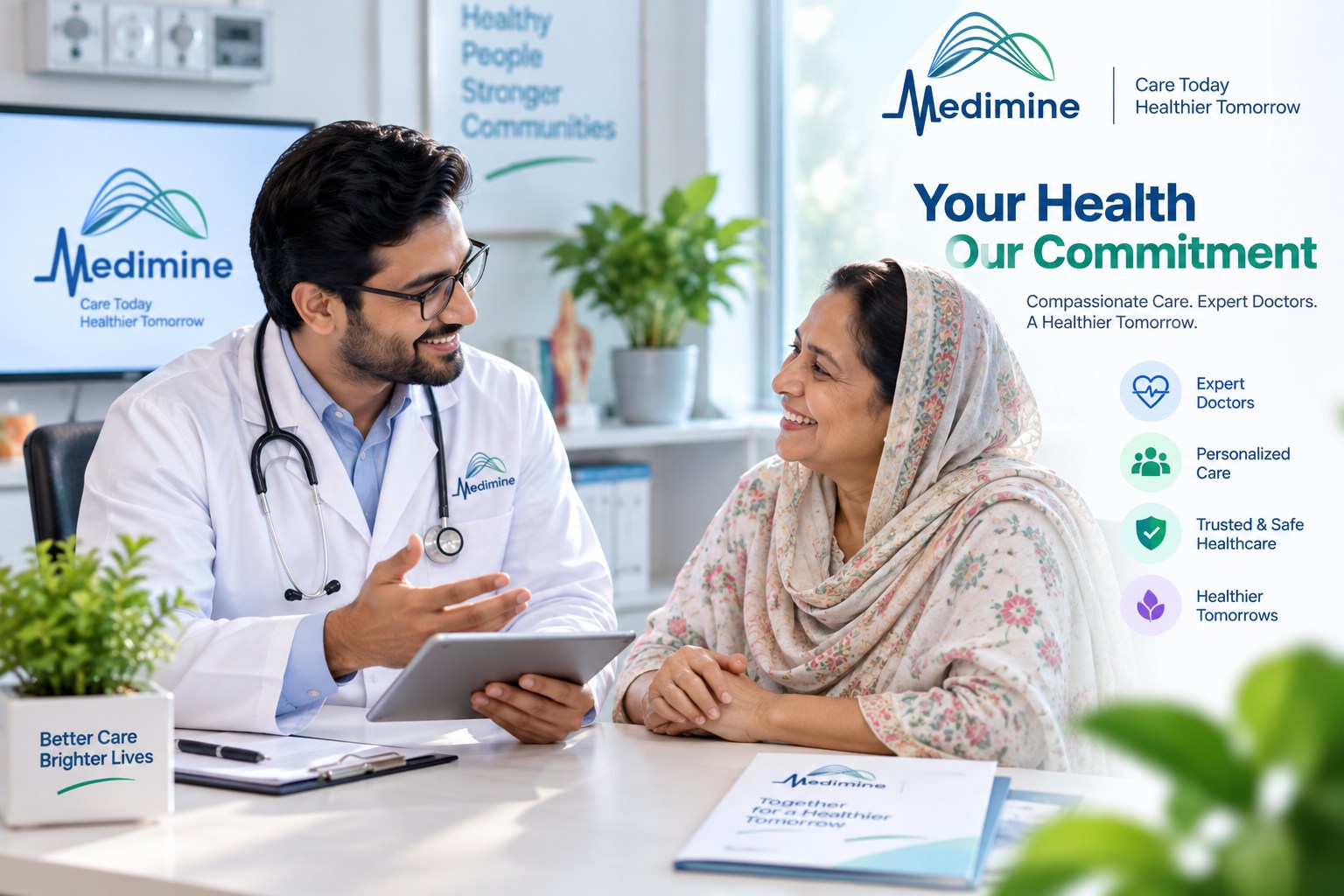 Medimine: Your Health, Our Commitment. Healthcare artwork showing a doctor speaking with a patient.